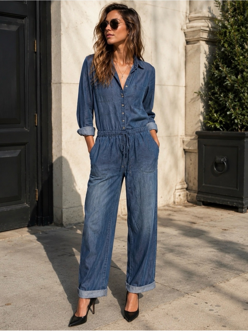 Bella Dahl Denim Blue Button-Front Jumpsuit with Drawstring Waist